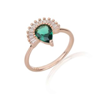 טבעת טיפה בשילוב אבני באגט אבן ירוקה רוז