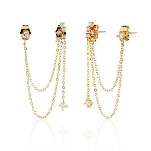 עגיל שרשרת זרקונים זהב